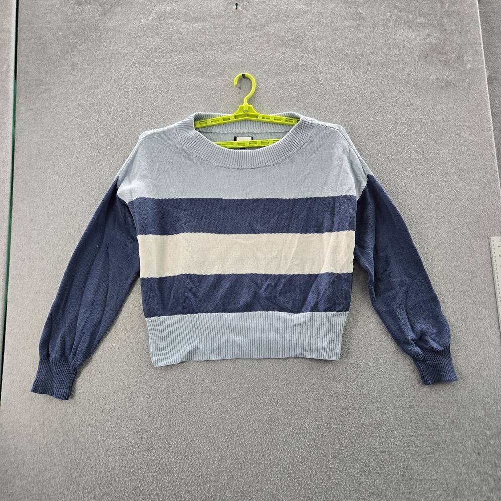 Lucky Brand Women Sweater L Blue Striped Oversized Long Sleeve READ